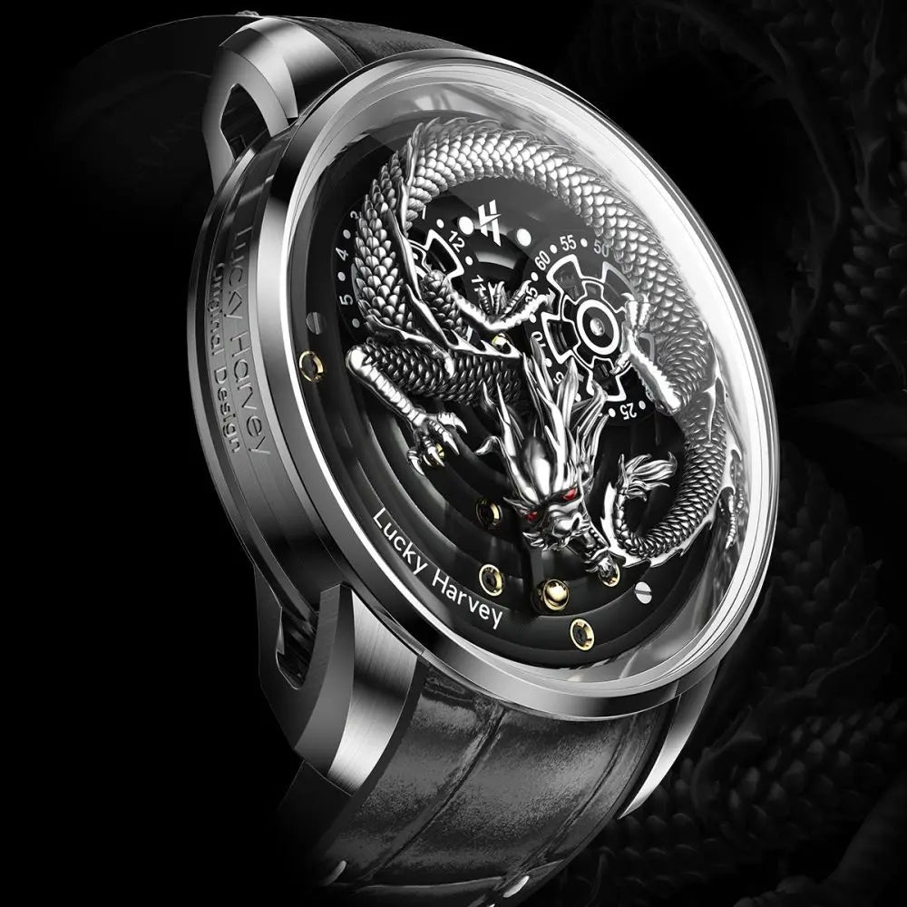 Treasures Chinese Dragon: Sapphire Depths 3D Engraved Complex Automatic Timepiece - Waterproof Elegance Unleashed
