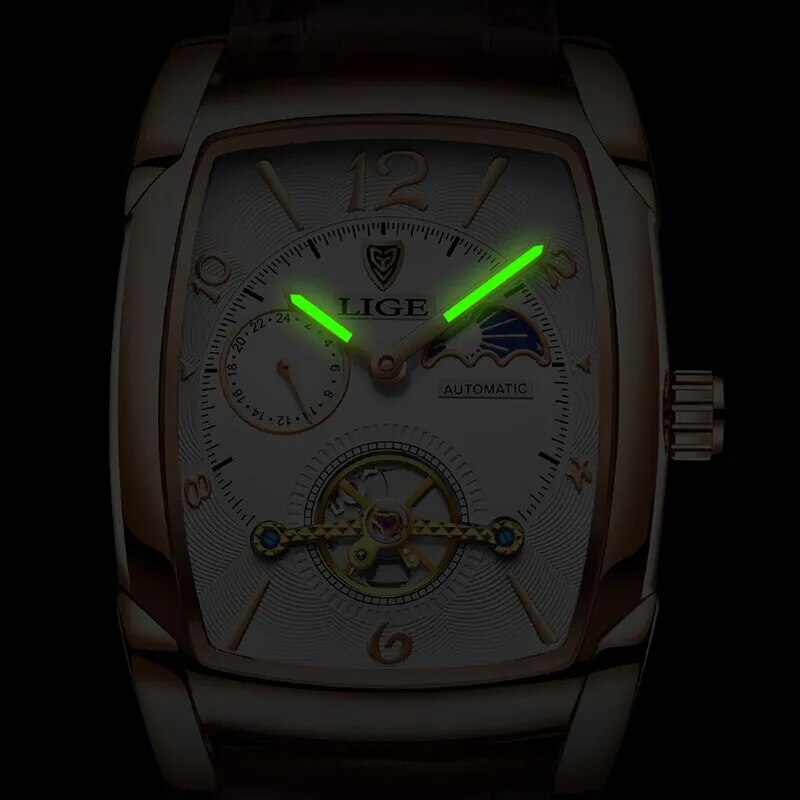 Lige Men's Automatic Mechanical Watch | Tourbillon, Moon Phase, Leather Strap