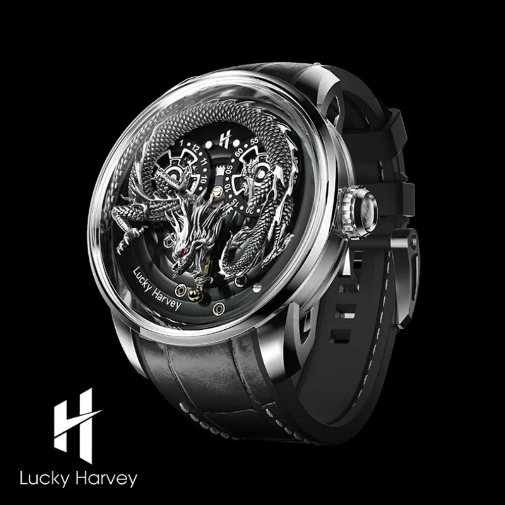 Treasures Chinese Dragon: Sapphire Depths 3D Engraved Complex Automatic Timepiece - Waterproof Elegance Unleashed