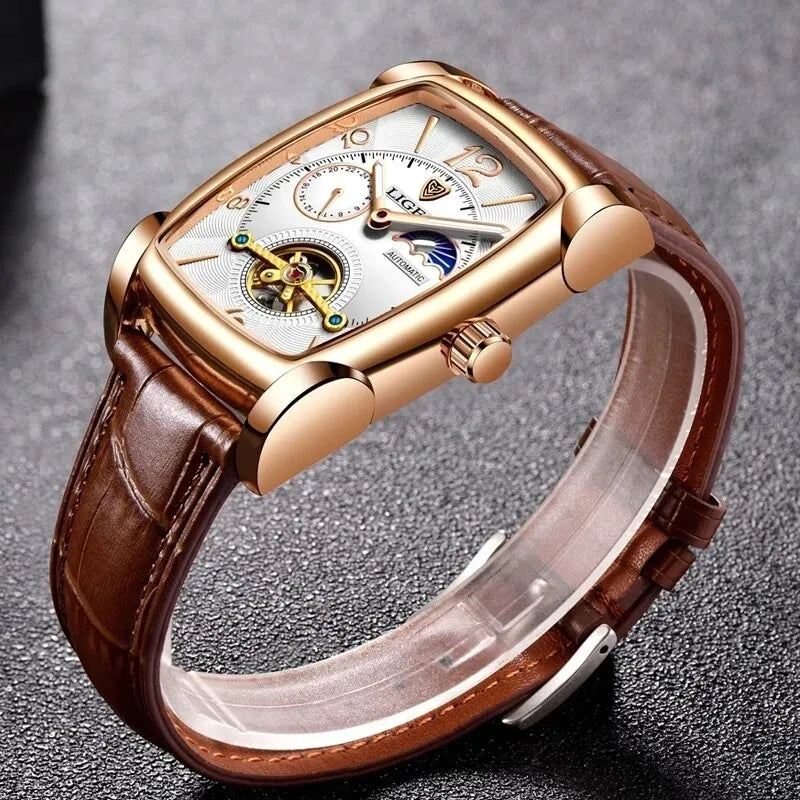 Lige Men's Automatic Mechanical Watch | Tourbillon, Moon Phase, Leather Strap