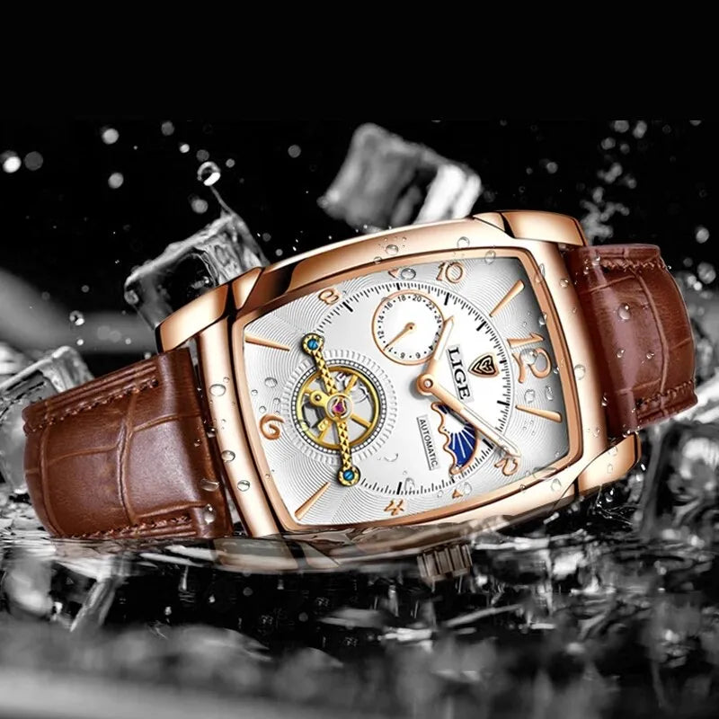 Lige Men's Automatic Mechanical Watch | Tourbillon, Moon Phase, Leather Strap