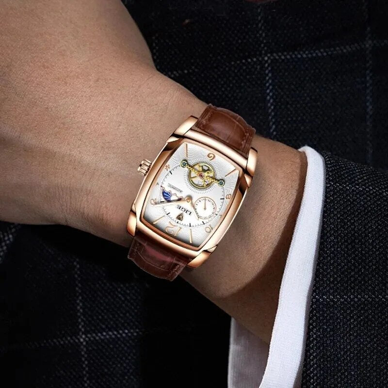 Lige Men's Automatic Mechanical Watch | Tourbillon, Moon Phase, Leather Strap