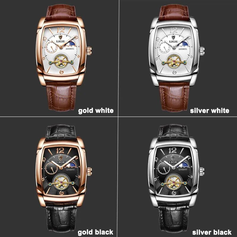 Lige Men's Automatic Mechanical Watch | Tourbillon, Moon Phase, Leather Strap